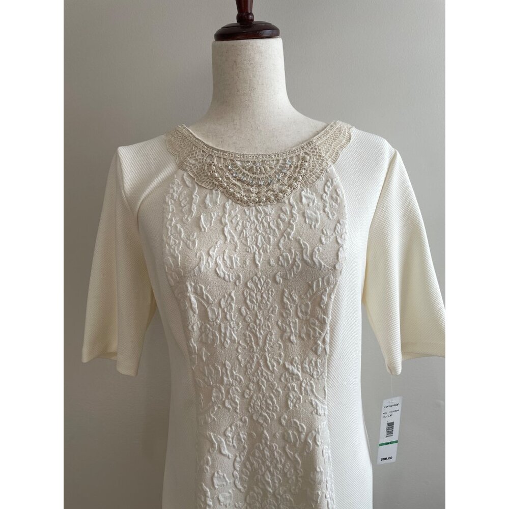 Madison Leigh Sheath Dress Womens 8 Ivory Damask Lace Pearl Neckline Wedding